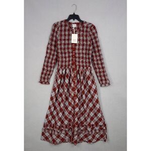 Damson Madder Dress Womens 8 Red Plaid Smocked Organic Cotton Maxi Cottagecore